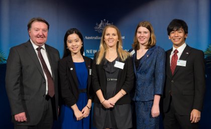 UQ’s Professor Alastair McEwan, left, with international scholarship winners Emily Chen, Kristie Higginson, Katrina Couzens and Hirotsugu Takahashi.